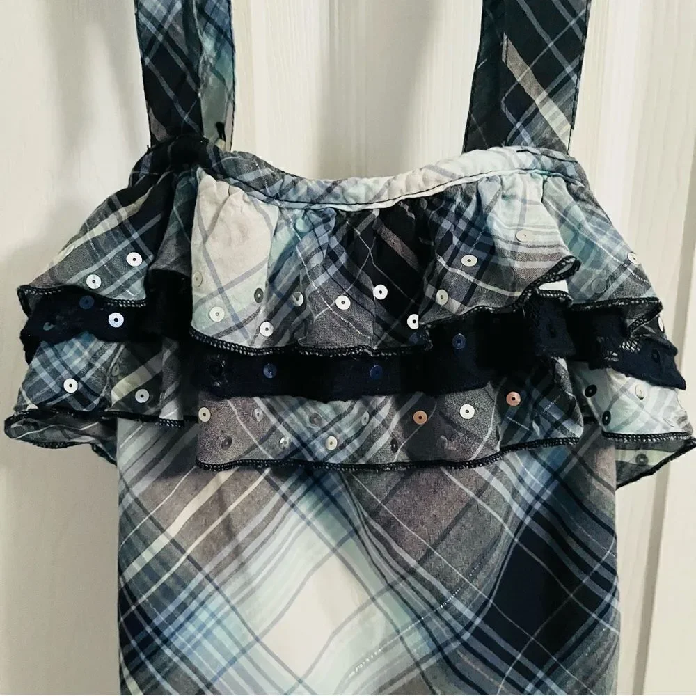 Justice Sequin Ruffle Blue Plaid Tank Top Silver Theead Trim Girls 12